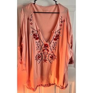 Woman Within Coral Embroidered V Neck Tunic Top 3X